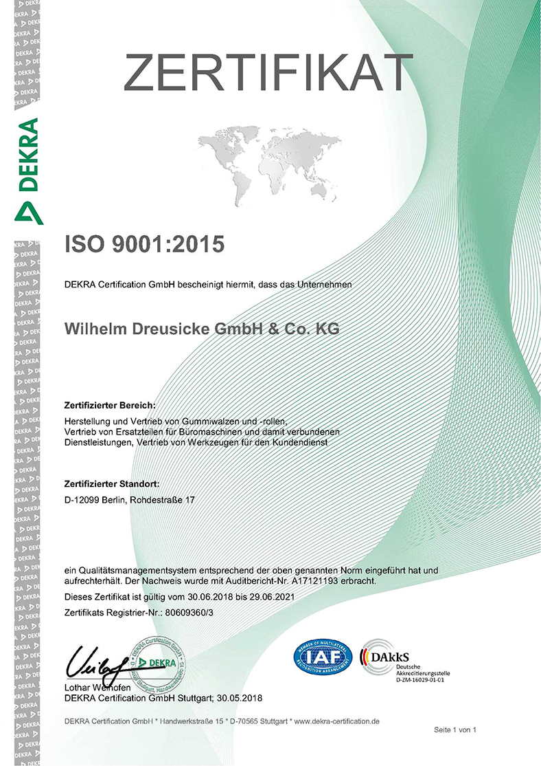 Dreusicke Qualitätsmanagementsystem - DEKRA zertifiziert - ISO 9001 Dreusicke Zertifizierung ISO 9001